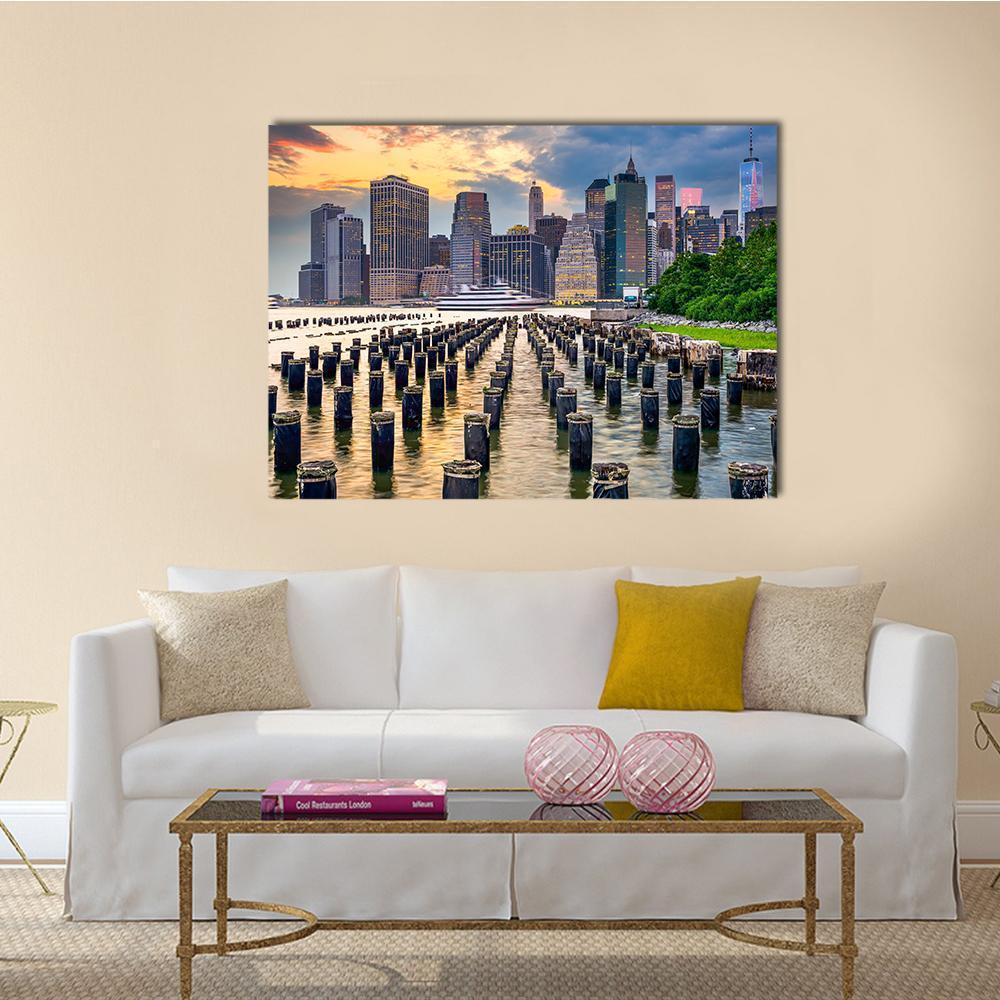 NY Skyline On East River Canvas Wall Art-1 Piece-Gallery Wrap-48" x 32"-Tiaracle