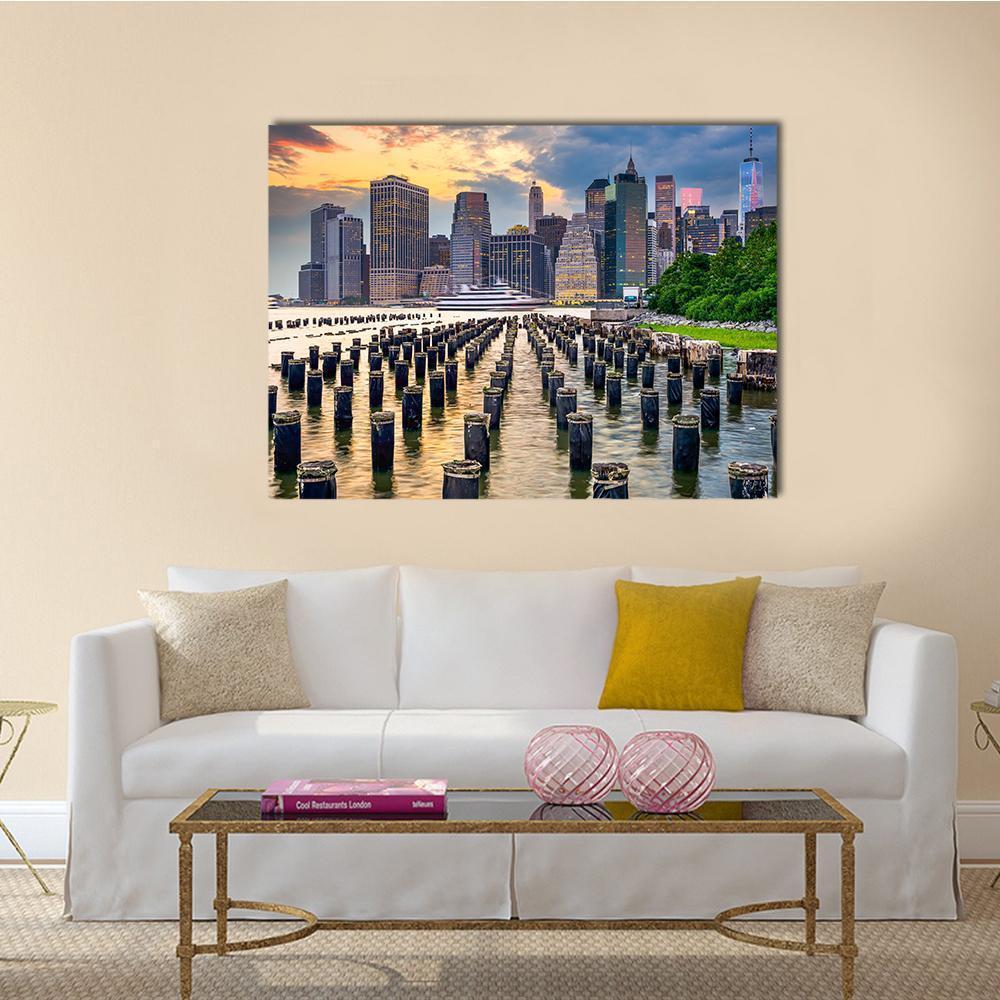 NY Skyline On East River Canvas Wall Art-1 Piece-Gallery Wrap-36" x 24"-Tiaracle