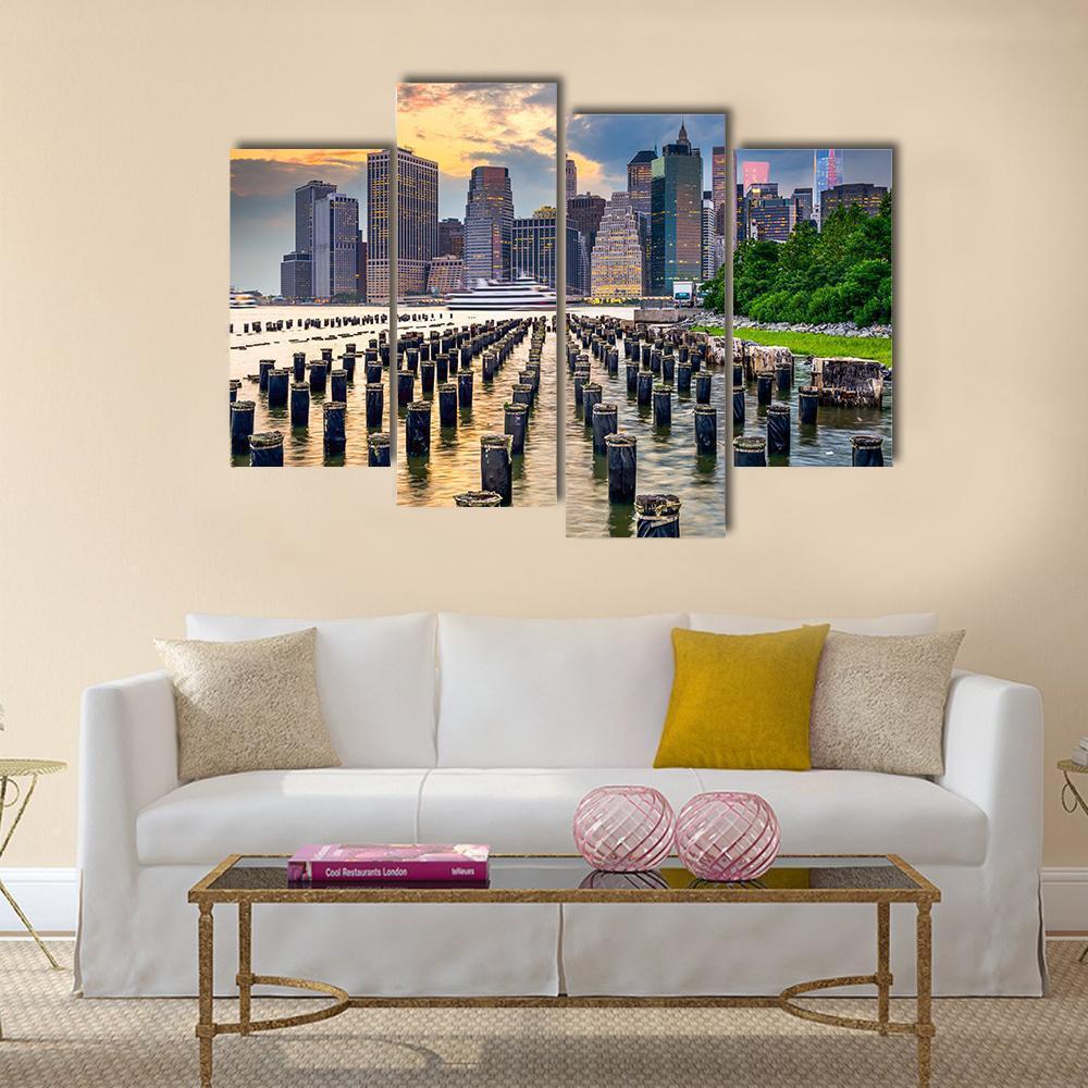 NY Skyline On East River Canvas Wall Art-4 Pop-Gallery Wrap-50" x 32"-Tiaracle