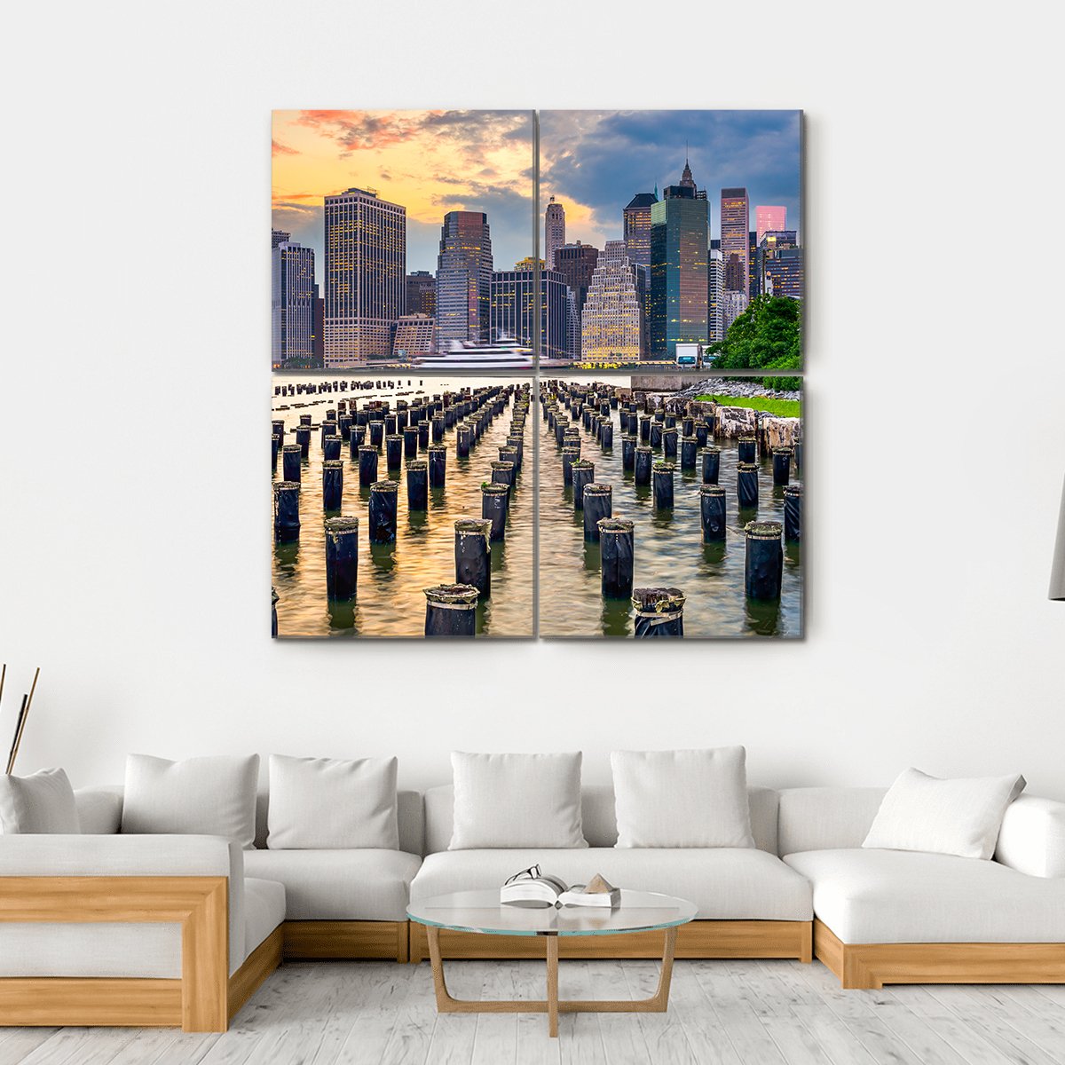 NY Skyline On East River Canvas Wall Art-4 Square-Gallery Wrap-17" x 17"-Tiaracle