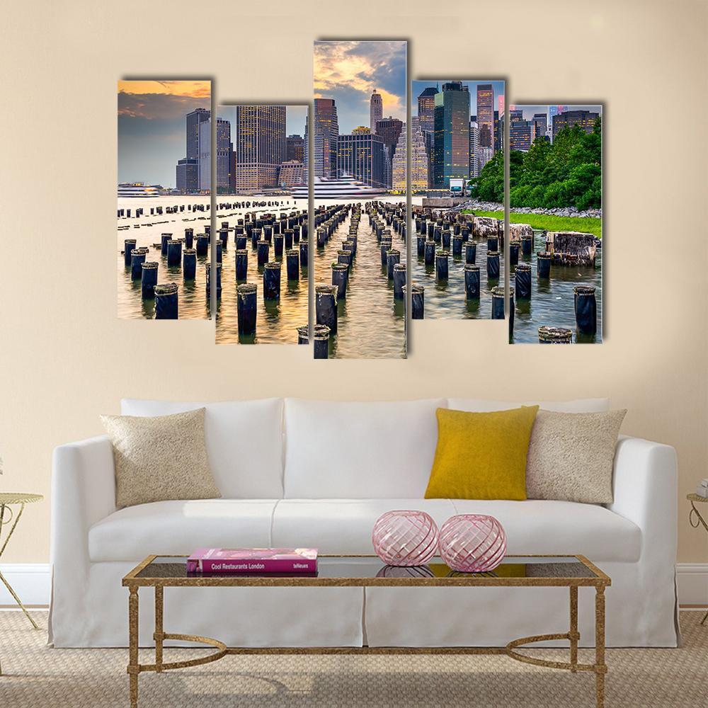 NY Skyline On East River Canvas Wall Art-5 Pop-Gallery Wrap-47" x 32"-Tiaracle