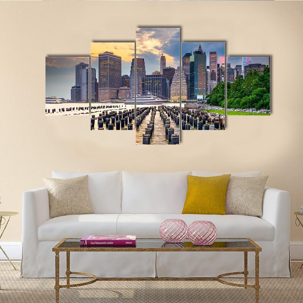 NY Skyline On East River Canvas Wall Art-5 Star-Gallery Wrap-62" x 32"-Tiaracle