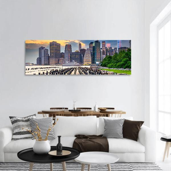 NY Skyline On East River Panoramic Canvas Wall Art-3 Piece-25" x 08"-Tiaracle