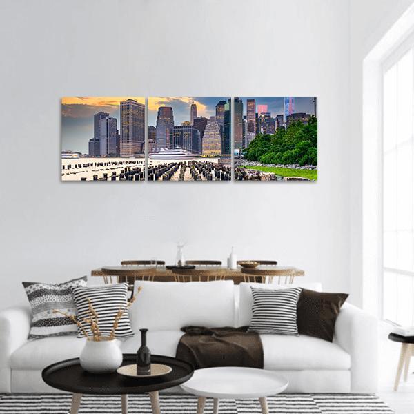 NY Skyline On East River Panoramic Canvas Wall Art-3 Piece-25" x 08"-Tiaracle