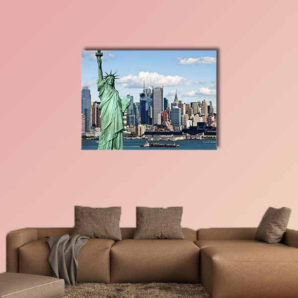 NY City With Liberty Statue Canvas Wall Art-1 Piece-Gallery Wrap-36" x 24"-Tiaracle