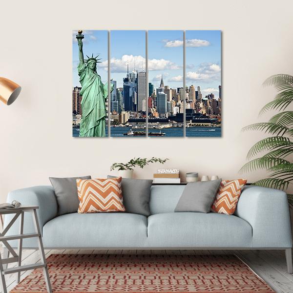 NY City With Liberty Statue Canvas Wall Art-4 Horizontal-Gallery Wrap-34" x 24"-Tiaracle