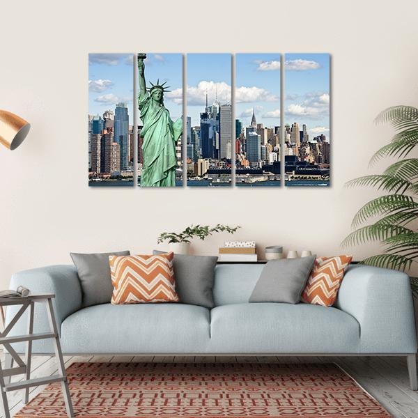 NY City With Liberty Statue Canvas Wall Art-5 Horizontal-Gallery Wrap-22" x 12"-Tiaracle