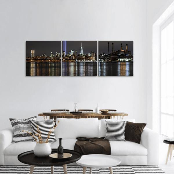 NY Cityscape At Night Panoramic Canvas Wall Art-3 Piece-25" x 08"-Tiaracle