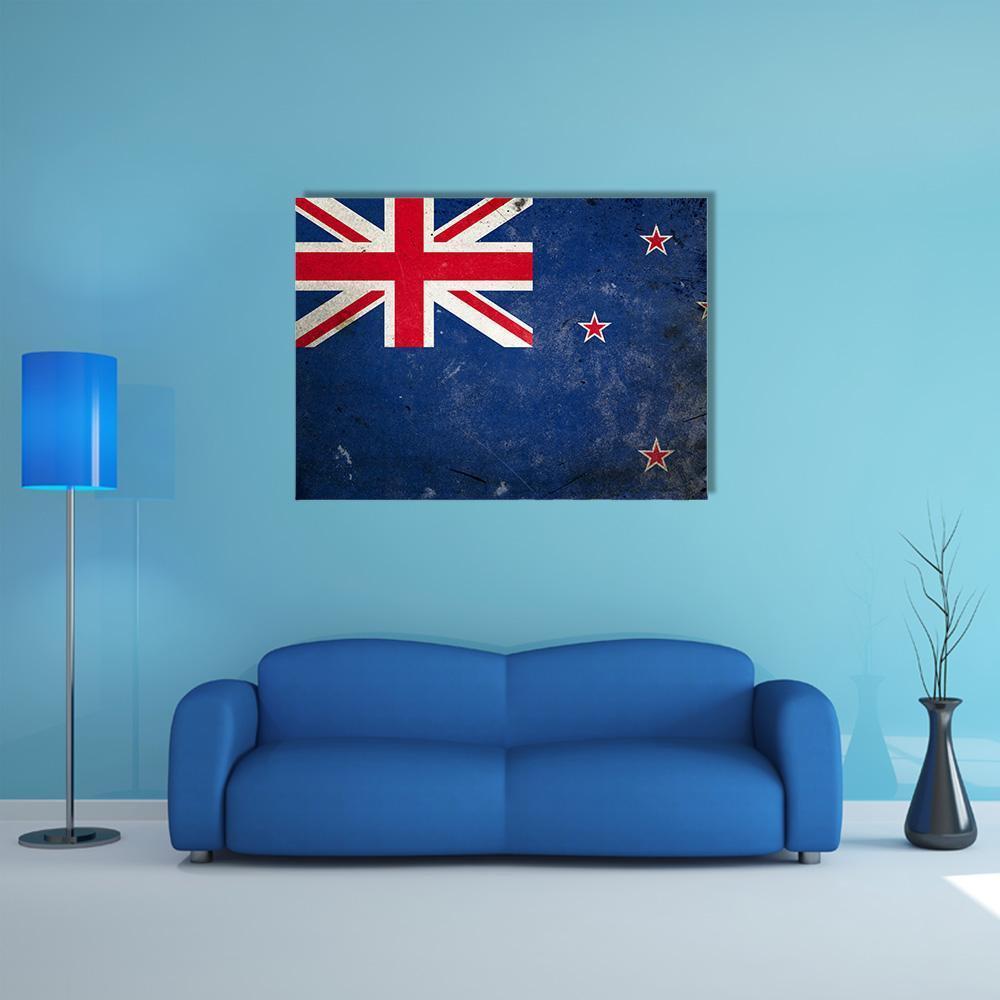 Weathered New Zealand Flag Canvas Wall Art in white, red and blue, single panel hung on a wall