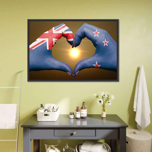 New Zealand Flag On Hands Canvas Wall Art-1 Piece-Floating Frame-24" x 16"-Tiaracle