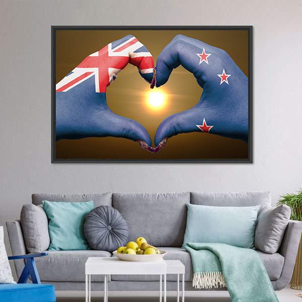 New Zealand Flag On Hands Canvas Wall Art-3 Horizontal-Gallery Wrap-25" x 16"-Tiaracle