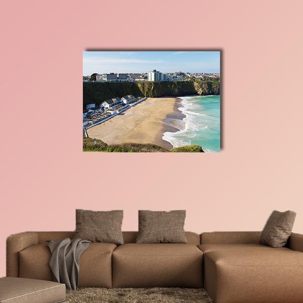 Tolcarne Beach, Newquay Canvas Wall Art in beige, brown and blue, single panel hung on a wall