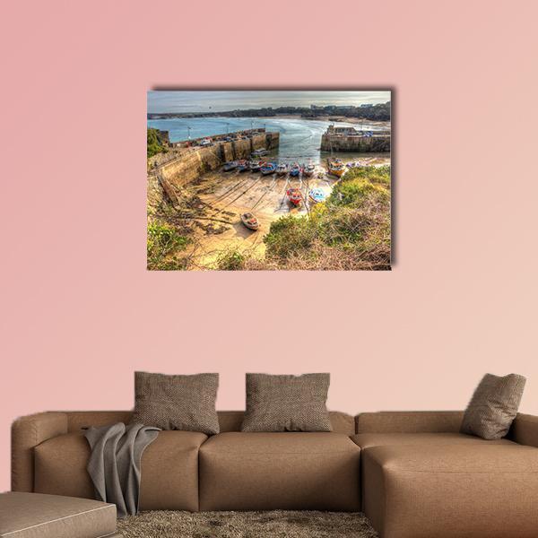 Newquay Harbour at Low Tide Canvas Wall Art in gray, brown and blue, single panel hung on a wall