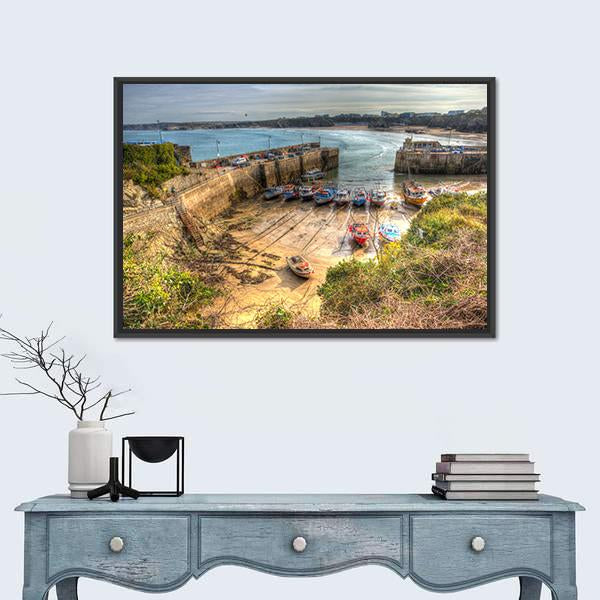 Newquay Harbour UK Canvas Wall Art-1 Piece-Floating Frame-24" x 16"-Tiaracle