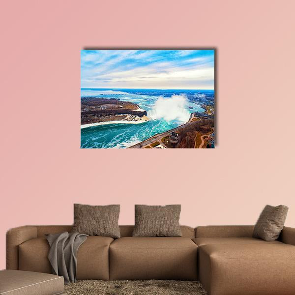 Niagara Falls Horseshoe Aerial View Canvas Wall Art in white, brown and blue, single panel hung on a wall