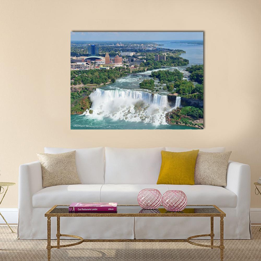 Niagara Falls Aerial View Canvas Wall Art in white, green and blue, single panel hung on a wall