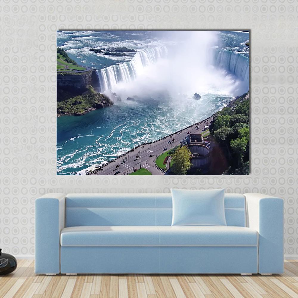 Niagara Falls in Ontario Canvas Wall Art in white, green and blue, single panel hung on a wall