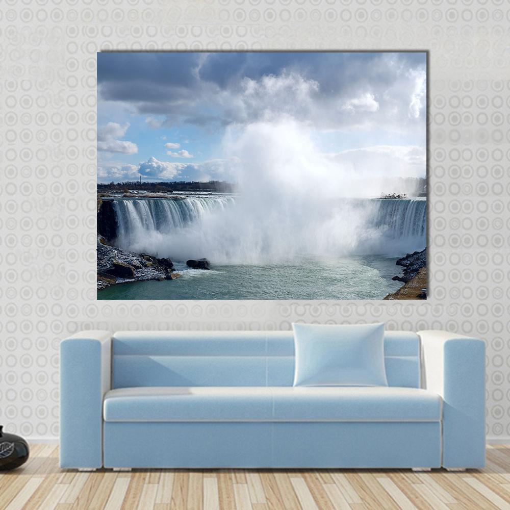 Horseshoe Falls at Niagara from Canadian Bank Canvas Wall Art in white, gray and blue, single panel hung on a wall