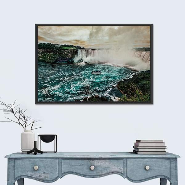 Niagara Falls from Canadian Side Canvas Wall Art in gray, brown and blue, framed canvas, product view on a white background