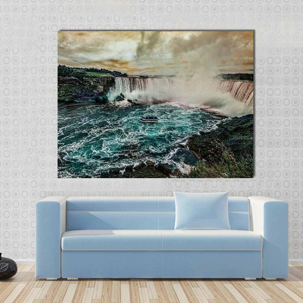 Niagara Falls from Canadian Side Canvas Wall Art in gray, brown and blue, single panel hung on a wall