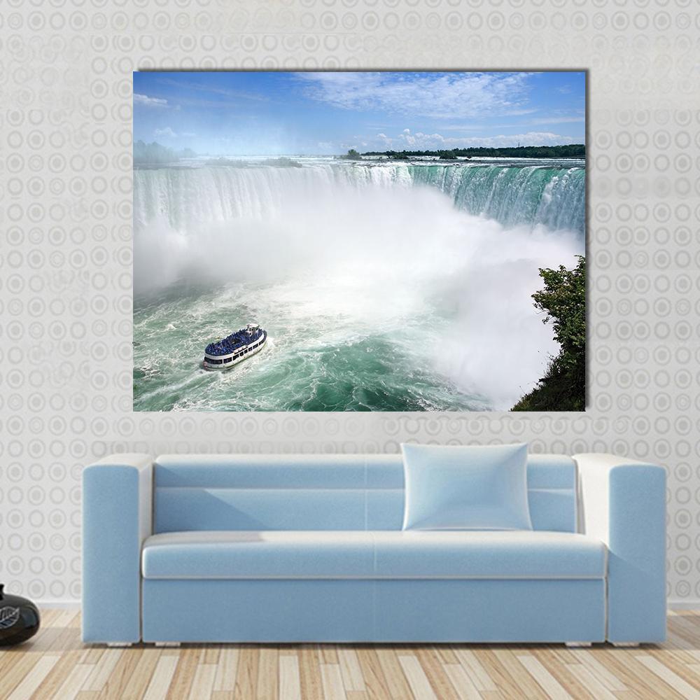 Niagara Falls Canadian Side View Canvas Wall Art in white, green and blue, single panel hung on a wall