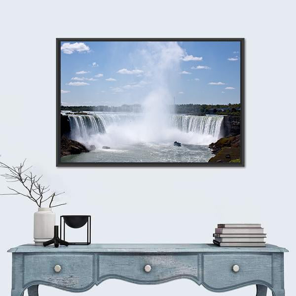 Horseshoe Falls Print Canvas Wall Art in white and blue, framed canvas, product view on a white background