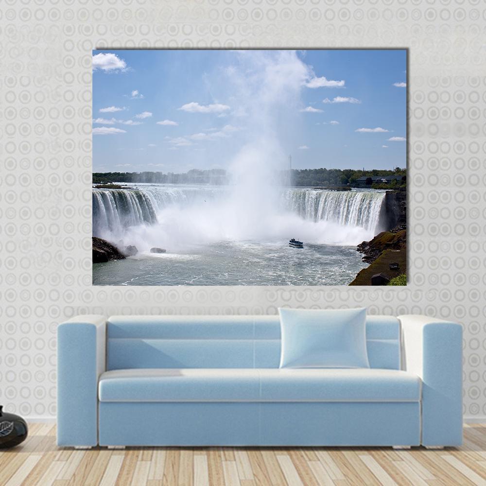 Horseshoe Falls Print Canvas Wall Art in white and blue, single panel hung on a wall