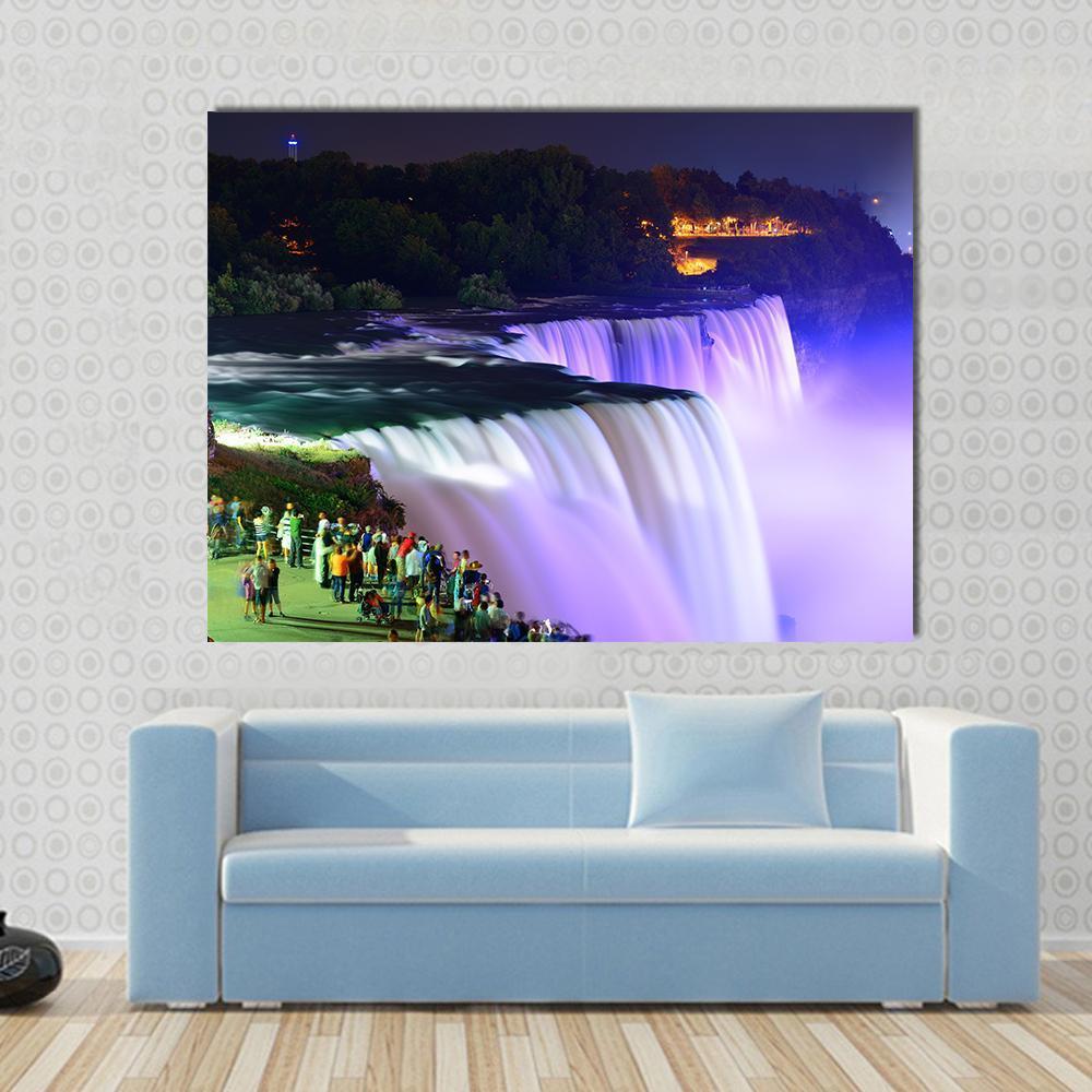 Lights on Niagara Falls Canvas Wall Art in black, blue and purple, single panel hung on a wall