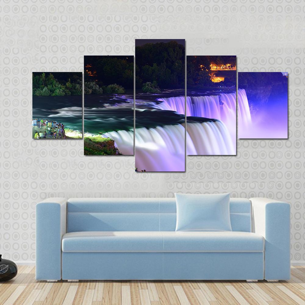 Lights On Niagara Falls Canvas Wall Art-5 Star-Gallery Wrap-62" x 32"-Tiaracle