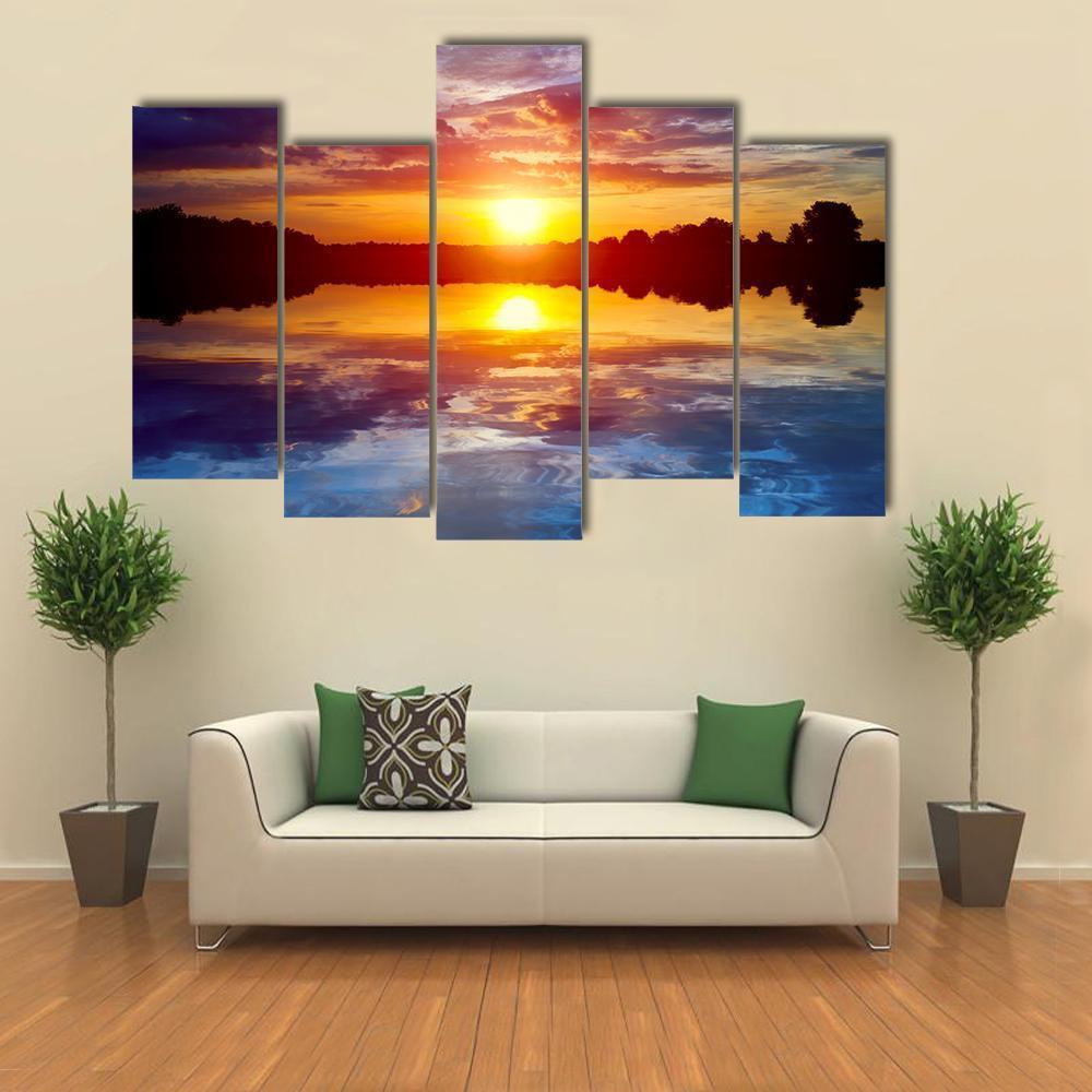 Sunset Scene On Lake Canvas Wall Art-5 Pop-Gallery Wrap-47" x 32"-Tiaracle