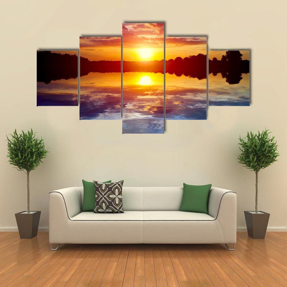 Sunset Scene On Lake Canvas Wall Art-5 Star-Gallery Wrap-62" x 32"-Tiaracle