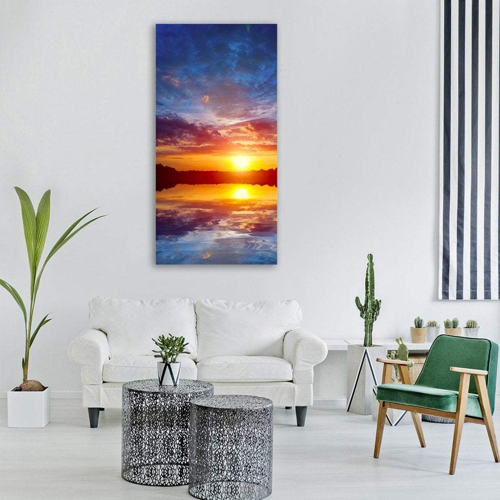 Sunset Scene On Lake Vertical Canvas Wall Art-3 Vertical-Gallery Wrap-12" x 25"-Tiaracle