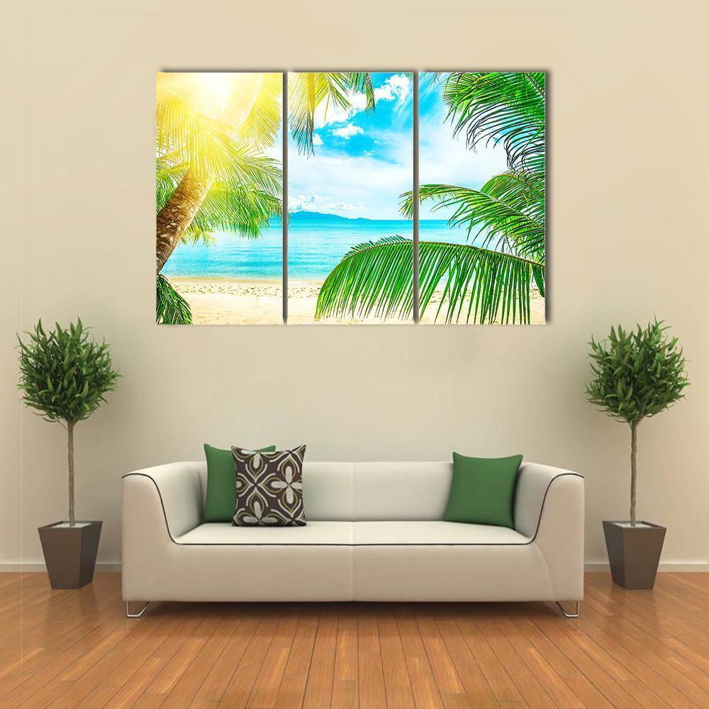 Beach From Palm Trees Canvas Wall Art-3 Horizontal-Gallery Wrap-37" x 24"-Tiaracle