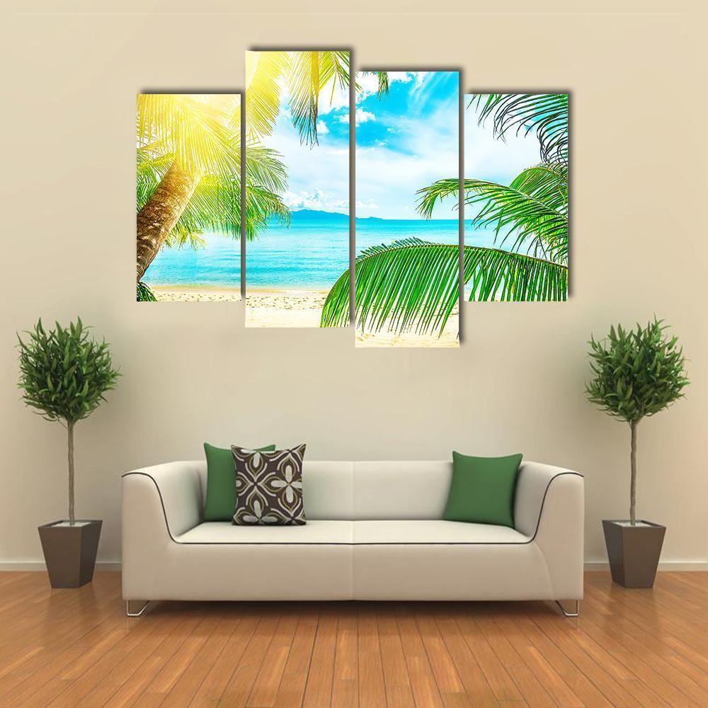 Beach From Palm Trees Canvas Wall Art-4 Pop-Gallery Wrap-50" x 32"-Tiaracle
