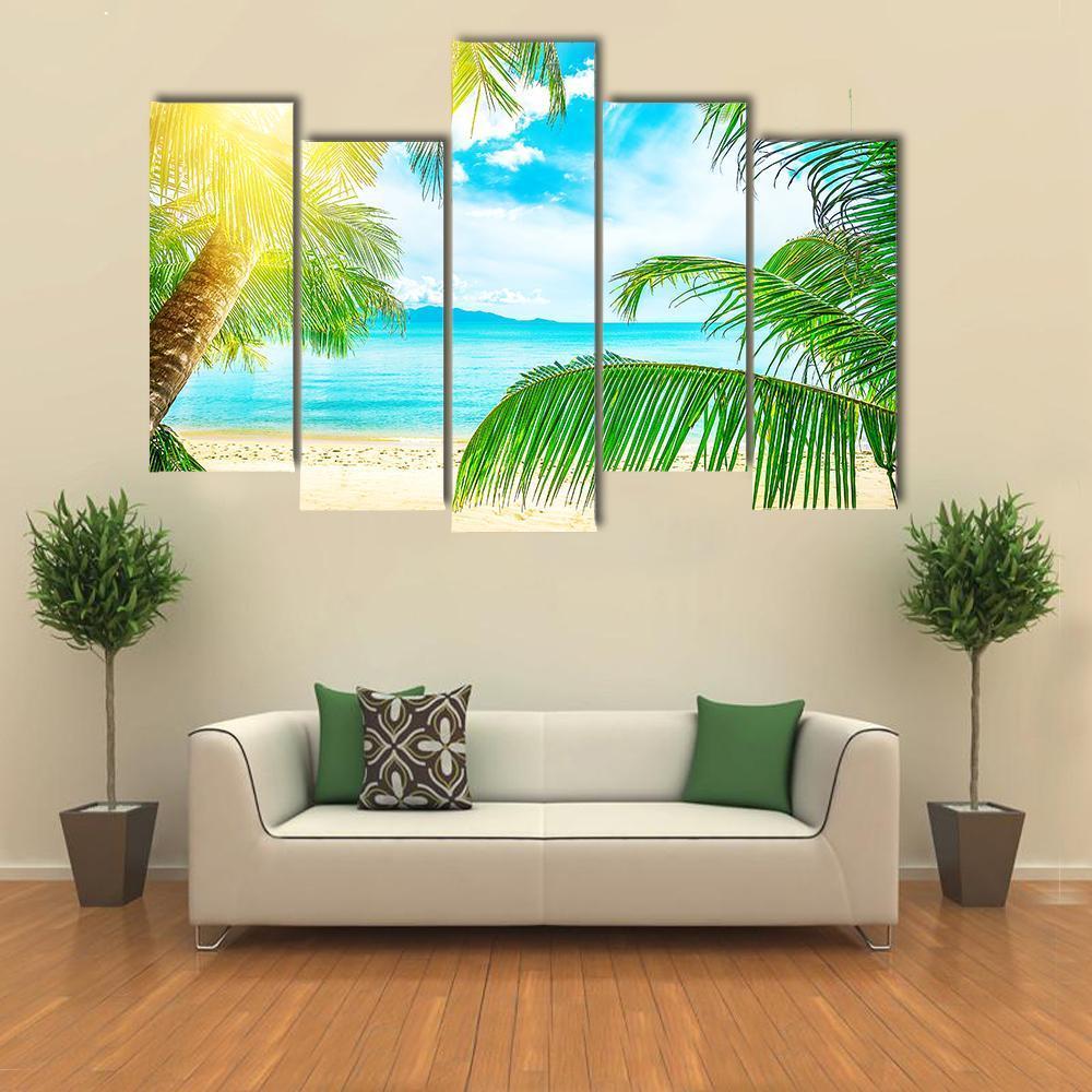 Beach From Palm Trees Canvas Wall Art-5 Pop-Gallery Wrap-47&quot; x 32&quot;-Tiaracle