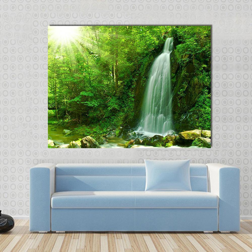 Waterfall Through Green Forest Canvas Wall Art-1 Piece-Gallery Wrap-48" x 32"-Tiaracle