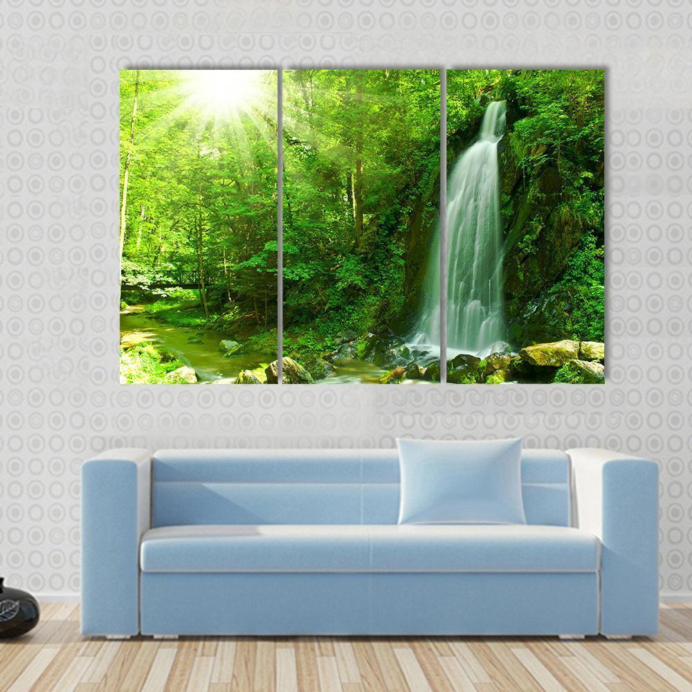 Waterfall Through Green Forest Canvas Wall Art-3 Horizontal-Gallery Wrap-37" x 24"-Tiaracle