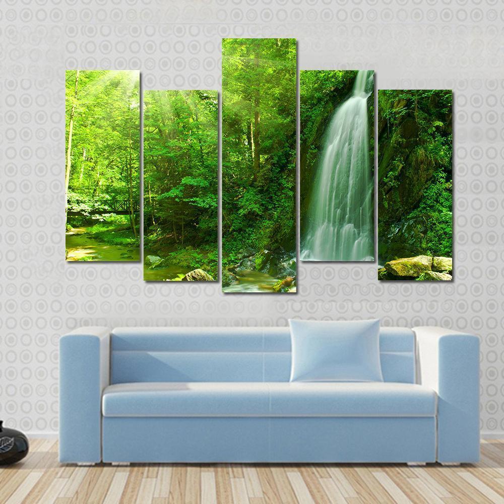 Waterfall Through Green Forest Canvas Wall Art-5 Pop-Gallery Wrap-47" x 32"-Tiaracle