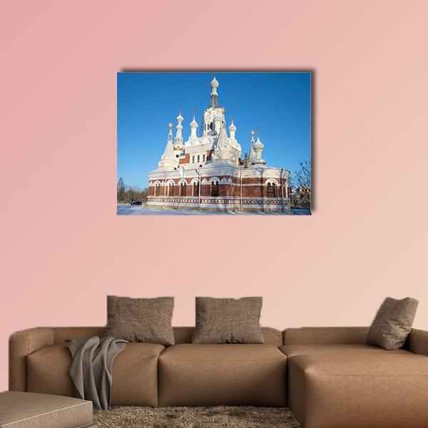 Russian Orthodox Church with White Onion Domes Canvas Wall Art in white, red and blue, single panel hung on a wall