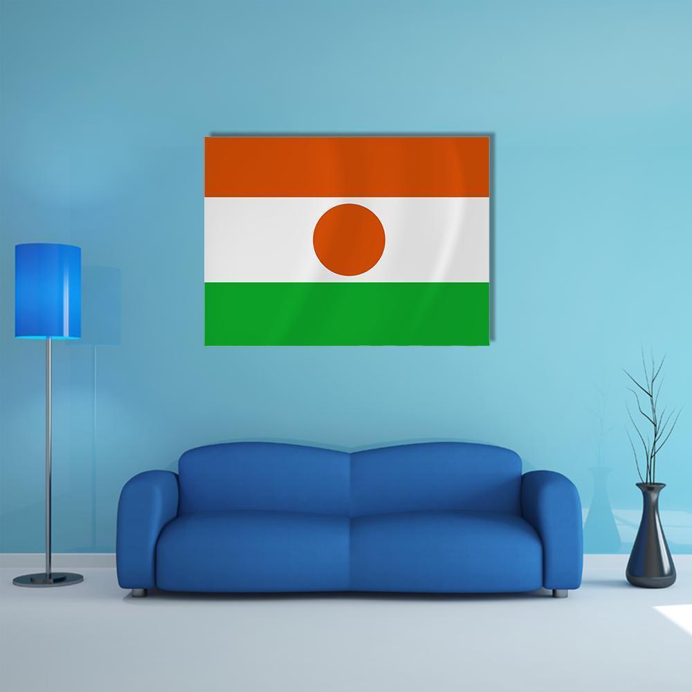 Niger Tricolor Flag with Orange Circle Canvas Wall Art in white, orange and green, single panel hung on a wall