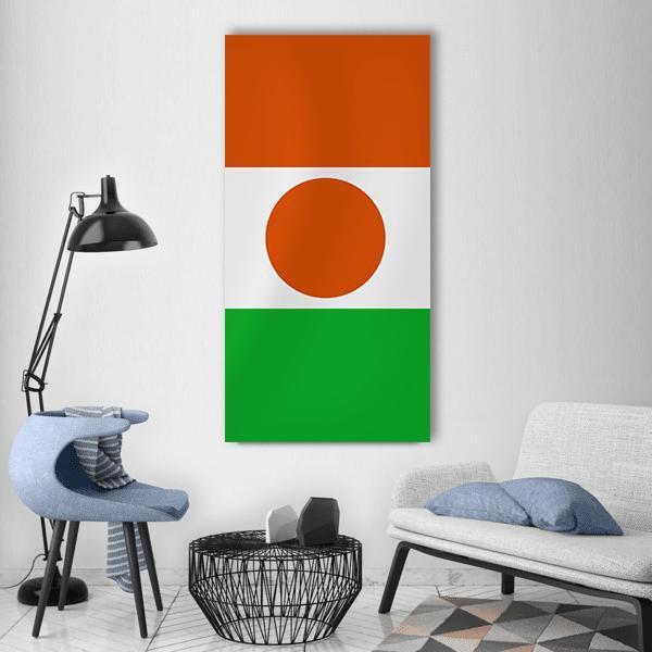 Niger Waving Flag Vertical Canvas Wall Art in white, orange and green, single vertical panel hung on a wall
