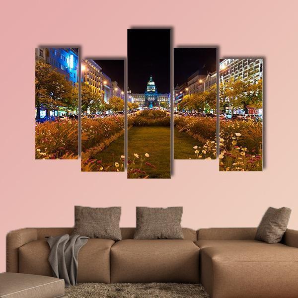 Prague City At Night Canvas Wall Art-5 Pop-Gallery Wrap-47" x 32"-Tiaracle