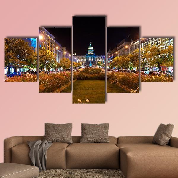 Prague City At Night Canvas Wall Art-5 Star-Gallery Wrap-62" x 32"-Tiaracle