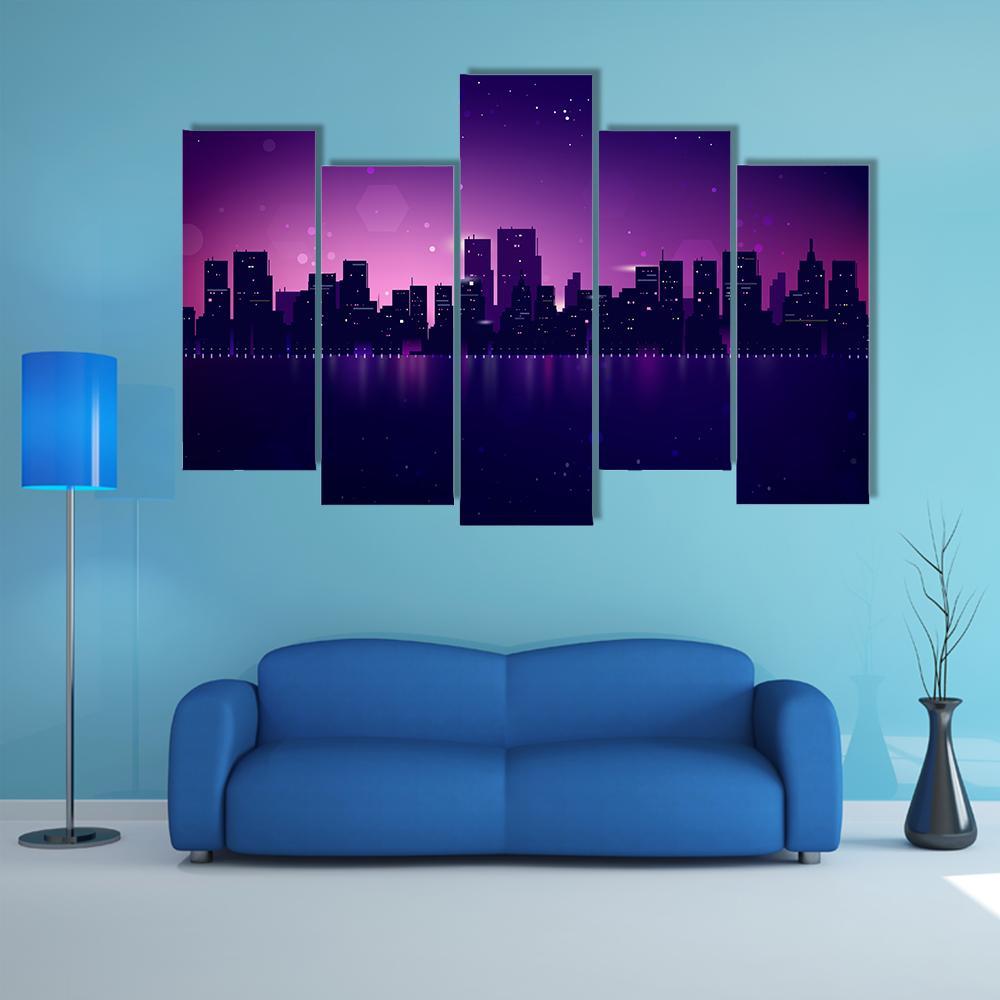 Night City Skyline Canvas Wall Art-5 Pop-Gallery Wrap-47&quot; x 32&quot;-Tiaracle