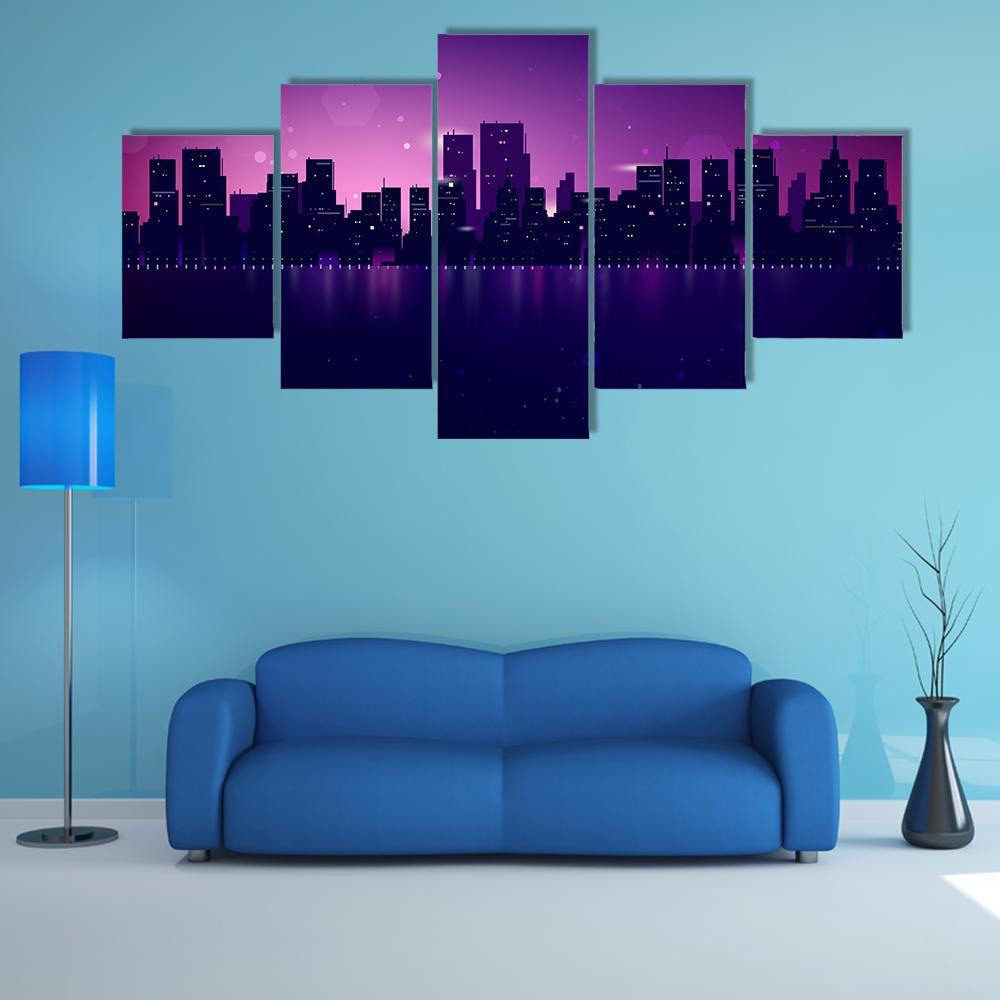Night City Skyline Canvas Wall Art-5 Star-Gallery Wrap-62&quot; x 32&quot;-Tiaracle
