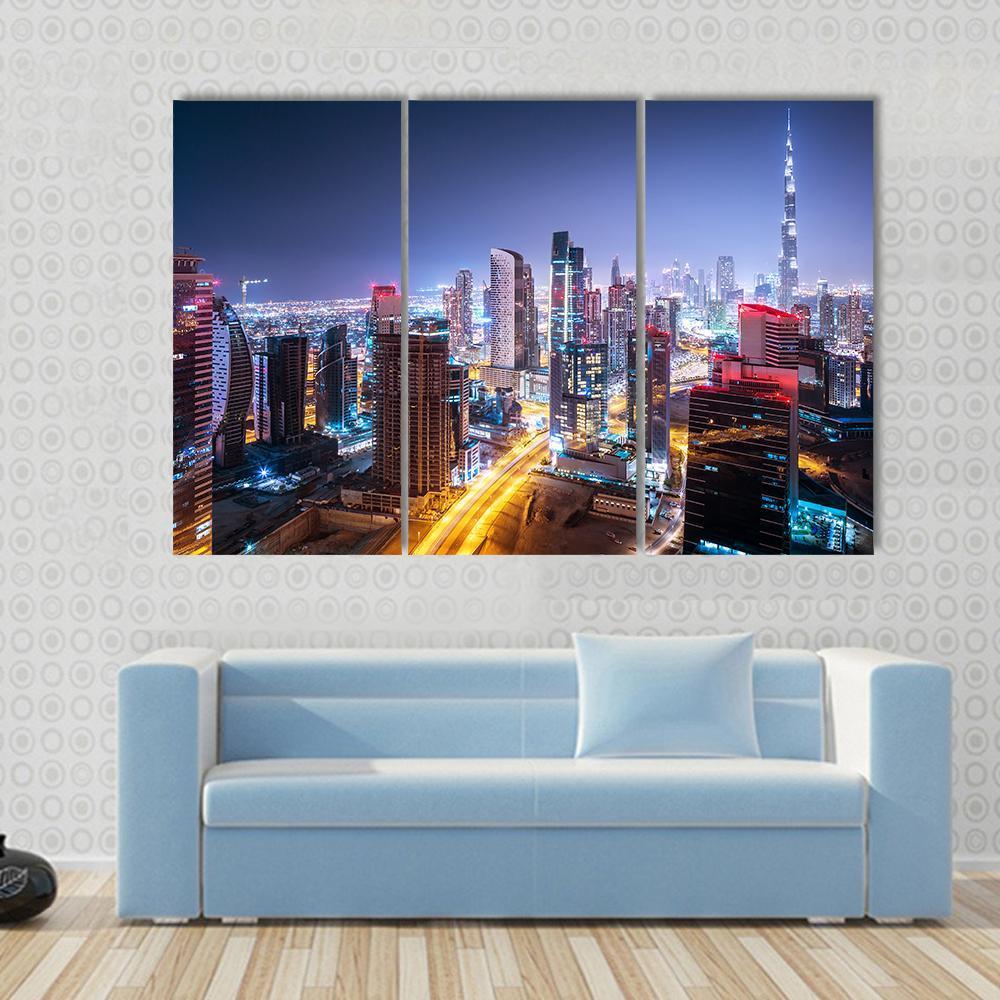 Night Cityscape Of Dubai Canvas Wall Art-3 Horizontal-Gallery Wrap-37" x 24"-Tiaracle