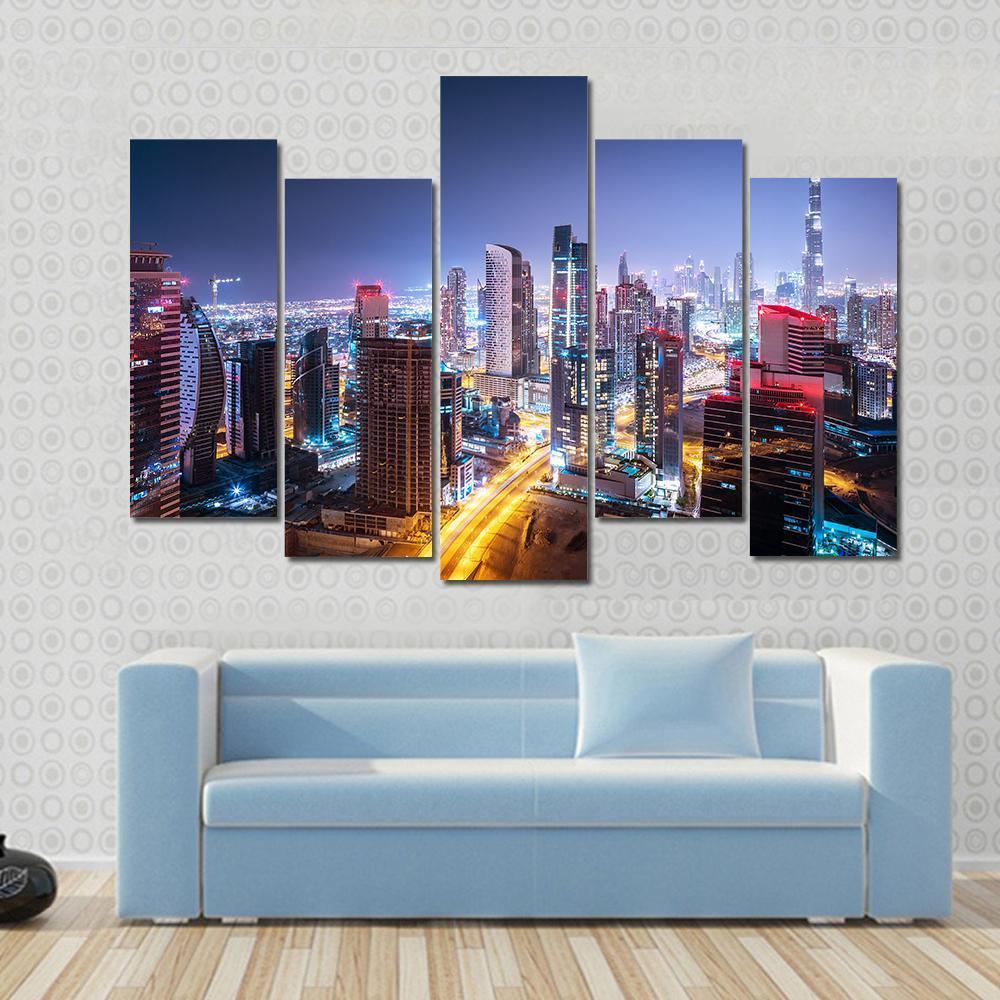 Night Cityscape Of Dubai Canvas Wall Art-5 Pop-Gallery Wrap-47" x 32"-Tiaracle