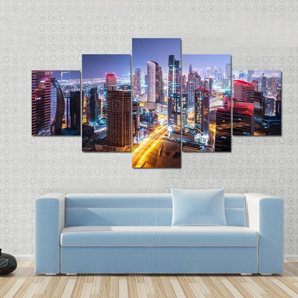 Night Cityscape Of Dubai Canvas Wall Art-5 Star-Gallery Wrap-62" x 32"-Tiaracle