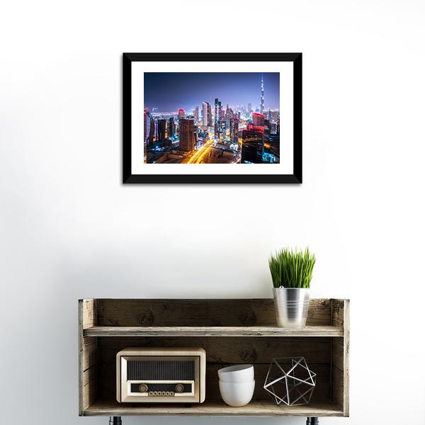 Night Cityscape Of Dubai Canvas Wall Art-3 Horizontal-Gallery Wrap-25" x 16"-Tiaracle