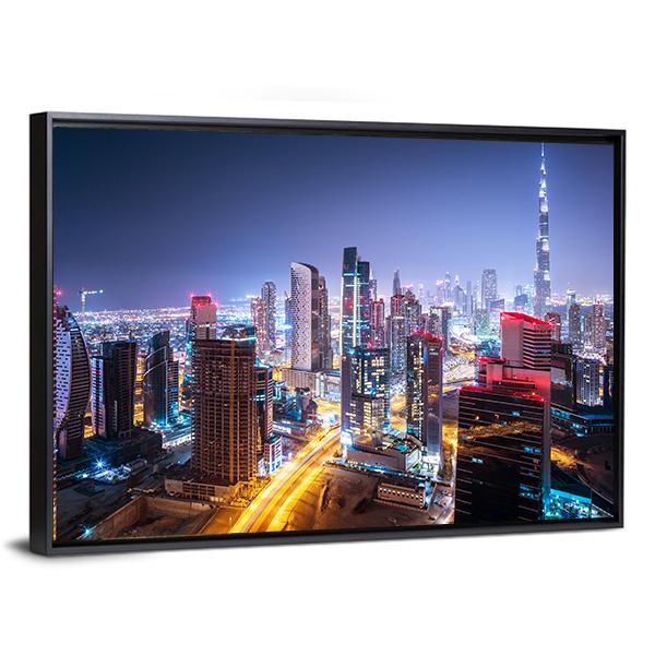 Night Cityscape Of Dubai Canvas Wall Art-3 Horizontal-Gallery Wrap-25" x 16"-Tiaracle